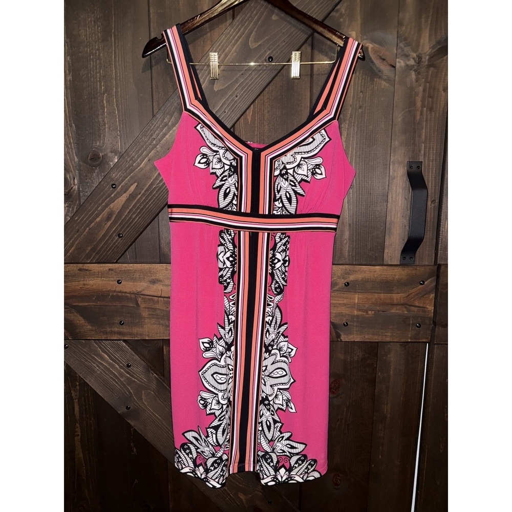 Apt 9 Dress Hot Pink Black Women's Sz L Large Floral Stretch Padded Knee Length